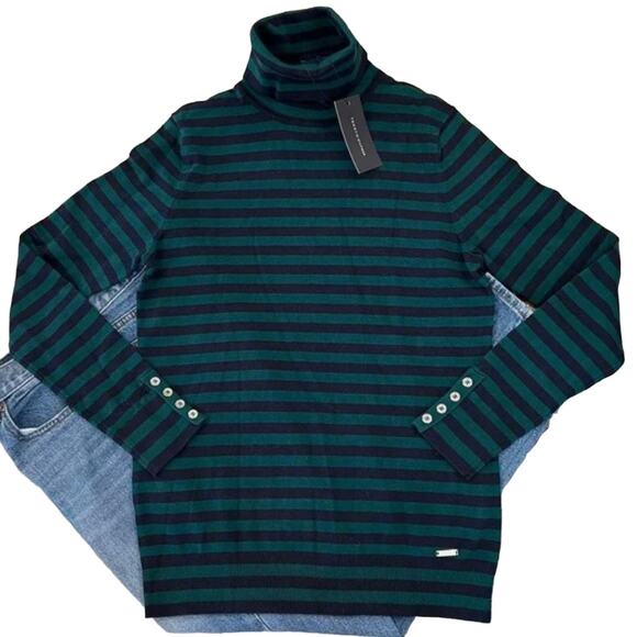 NWT Tommy Hilfiger Navy & Green Striped Fitted Turtleneck Sweater - M - Picture 3 of 5